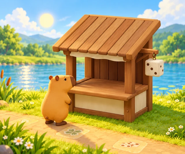 Adventure concept art: one golden capybara faces a wooden Dice Shack counter beside the river, with an ivory die hanging from its roof