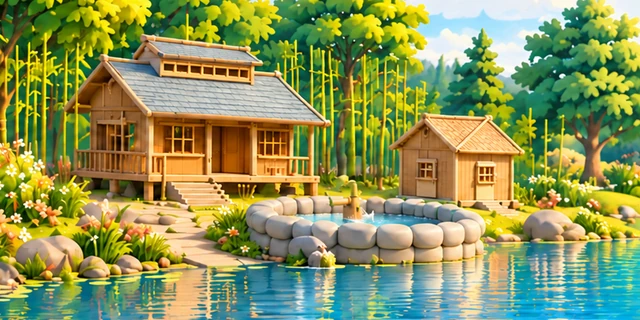 Springs concept art: a cedar bathhouse, sauna and boulder-rim pool beside the lake