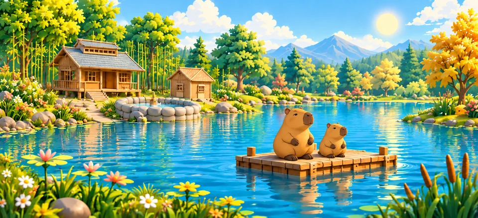 Two capybaras relax together on a floating wooden dock. A cedar bathhouse and sauna sit beside a blue lake with mature trees and flowers.